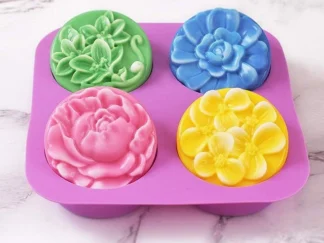 MOLDE SILICONA 4 JABONES REDONDOS RELIEVE FLORES (LIS)